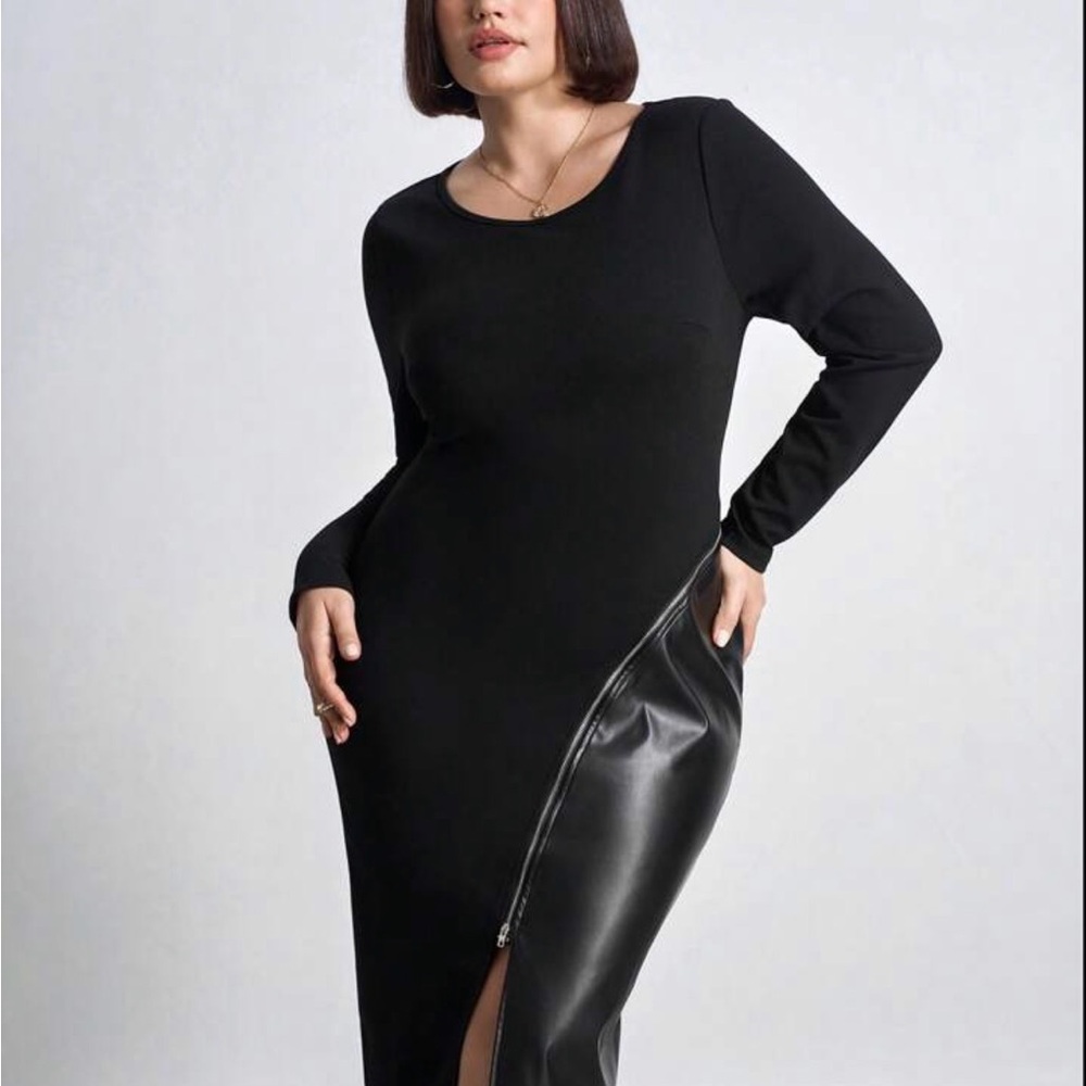 Elegant Black Mixed Media Long Sleeve Dress